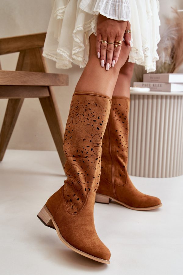 Brown Open-work Boots in Over The Knee High Boots, Thigh High Boots with Fabric, Footbed, Upper Height and Heel Height