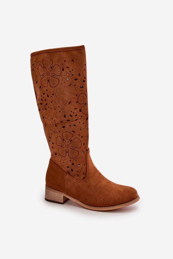 Brown Open-work Boots in Over The Knee High Boots, Thigh High Boots with Fabric, Footbed, Upper Height and Heel Height