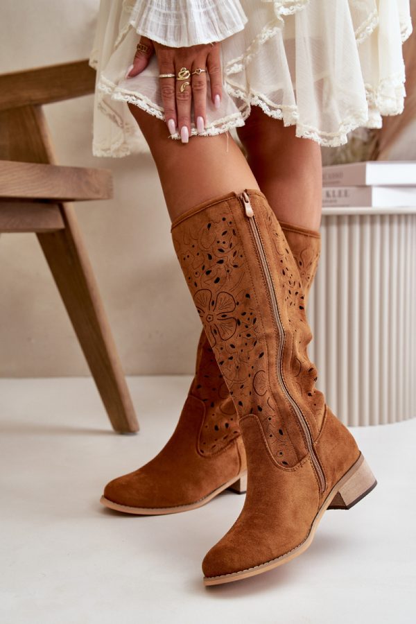 Brown Open-work Boots in Over The Knee High Boots, Thigh High Boots with Fabric, Footbed, Upper Height and Heel Height