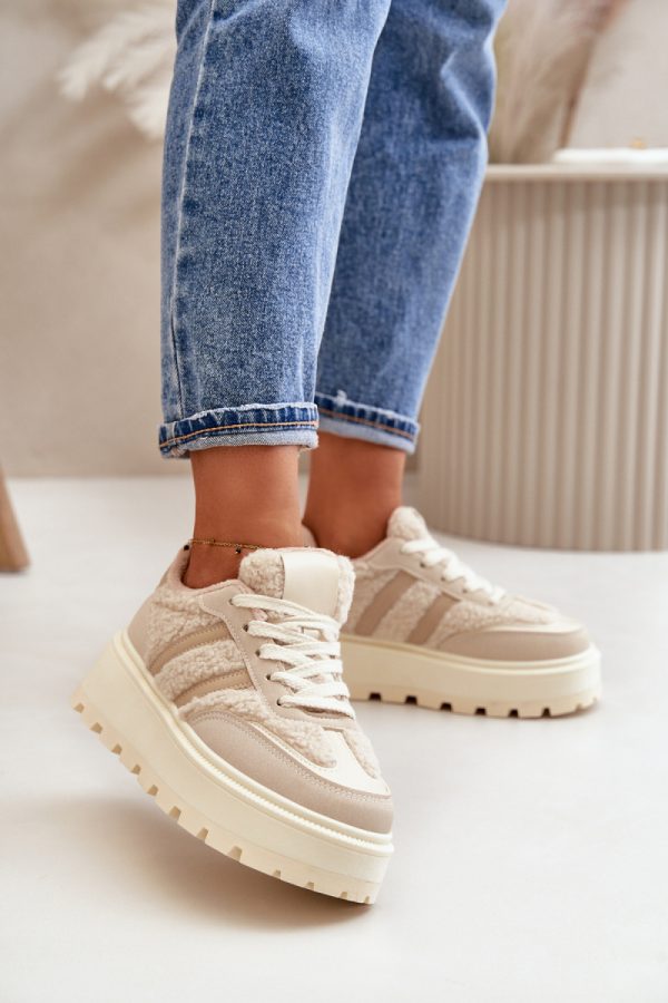 Beige Sport Shoes in Women`s Athletic Shoes, Trainers, Sneakers with Fabric, Warmers, Footbed, Upper Height and Platform Height