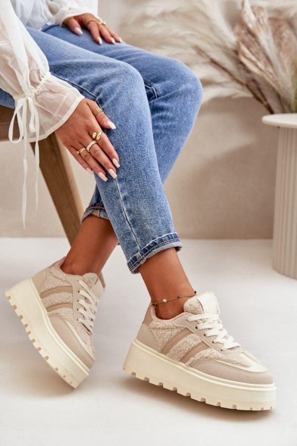 Beige Sport Shoes in Women`s Athletic Shoes, Trainers, Sneakers with Fabric, Warmers, Footbed, Upper Height and Platform Height