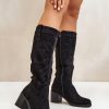 Black Heel Boots in Over The Knee High Boots, Thigh High Boots with Fabric, Warmers, Footbed, Upper Height and Heel Height