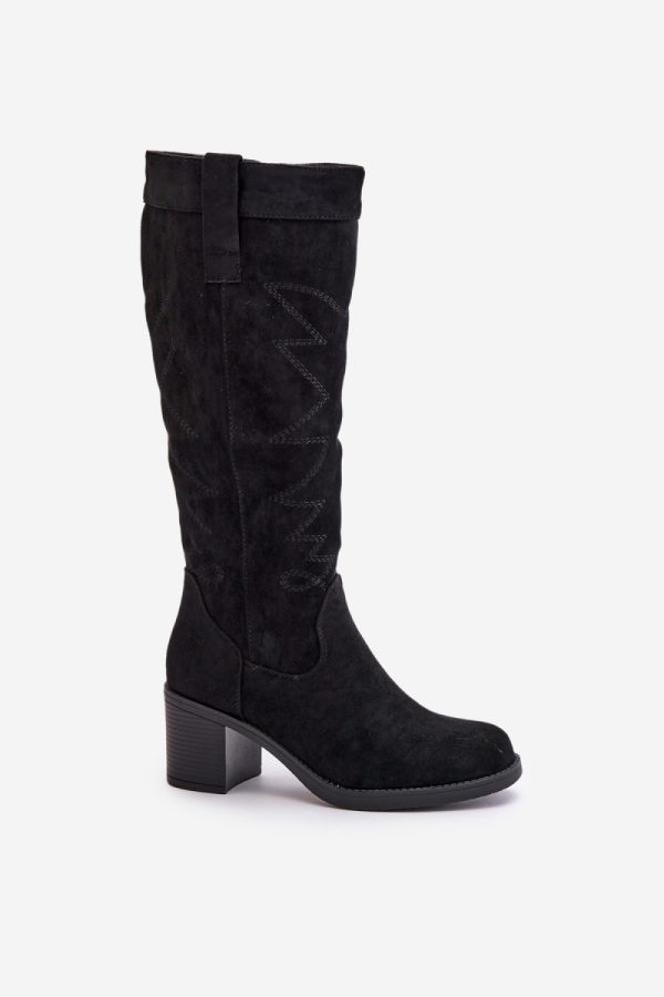Black Heel Boots in Over The Knee High Boots, Thigh High Boots with Fabric, Warmers, Footbed, Upper Height and Heel Height