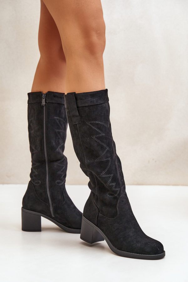 Black Heel Boots in Over The Knee High Boots, Thigh High Boots with Fabric, Warmers, Footbed, Upper Height and Heel Height