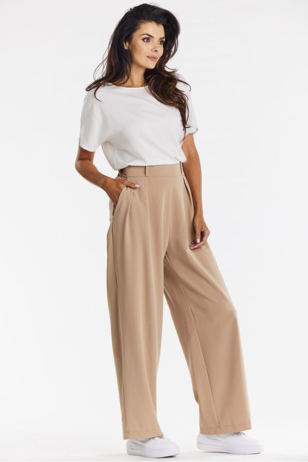 Beige Women Trousers in Pants, Trousers, Shorts with Spandex, Polyester and Viscose