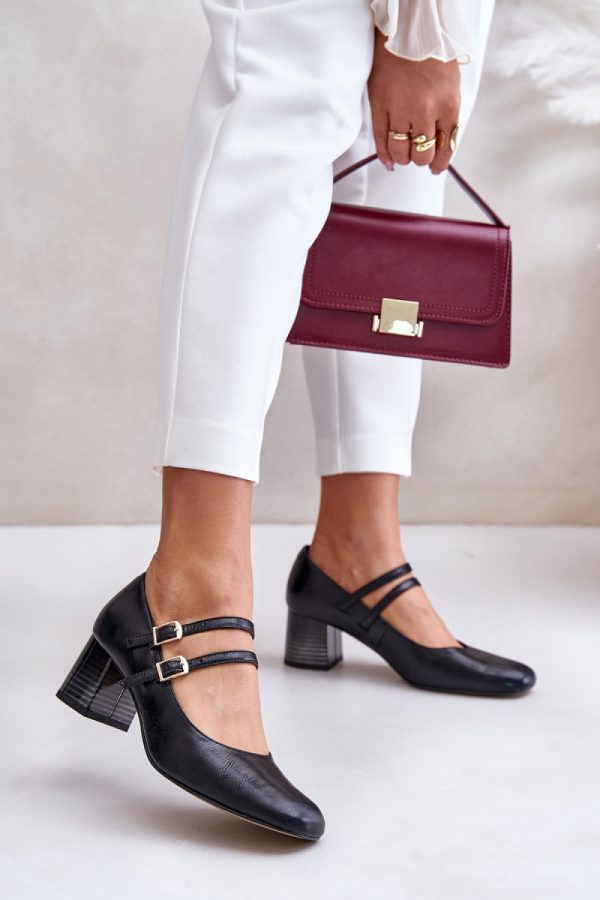 Black Block Heel Pumps in High Heel Pumps with Fabric, Footbed and Heel Height