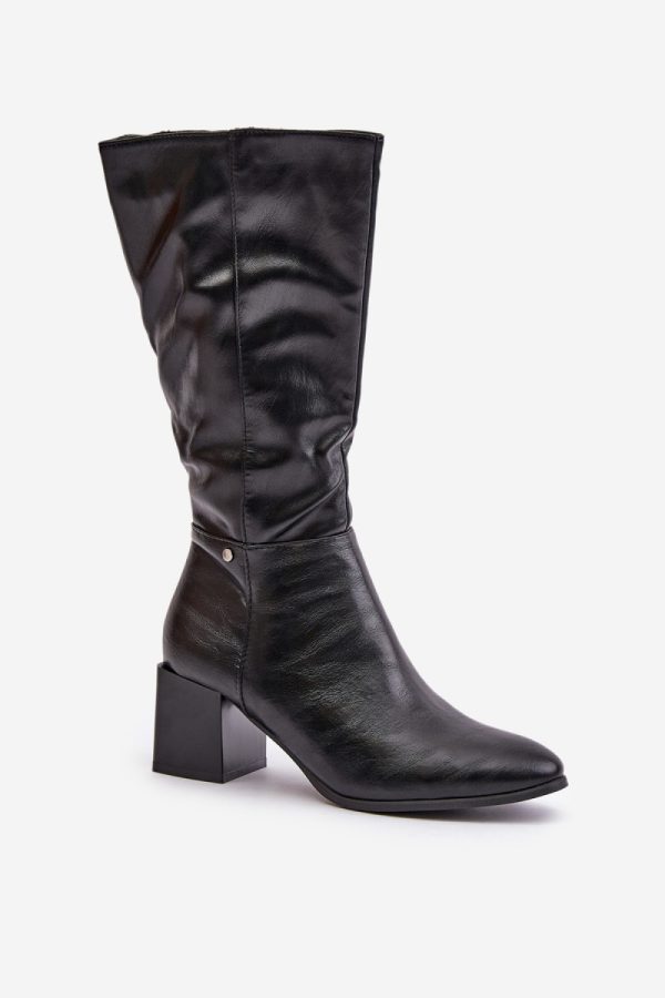 Black Heel Boots in Over The Knee High Boots, Thigh High Boots with Fabric, Warmers, Footbed, Upper Height and Heel Height
