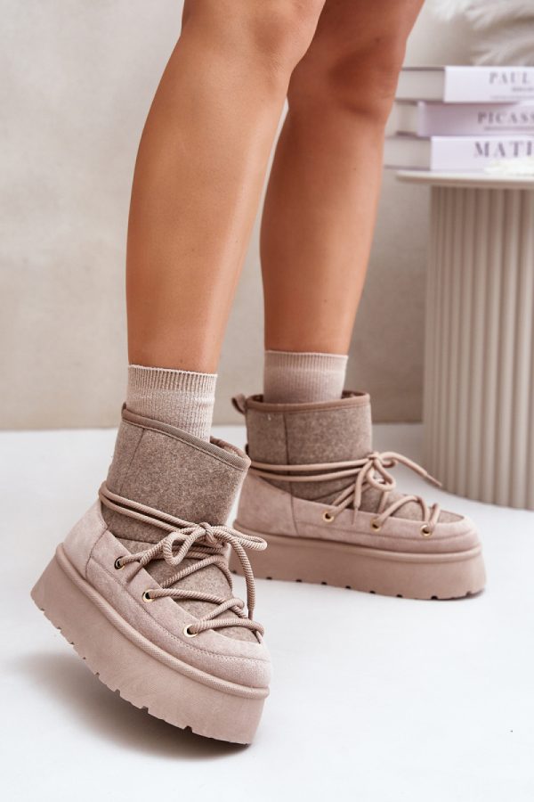 Beige Snow Boots in Women`s Ankle Boots & Booties with Fabric, Warmers, Footbed, Upper Height and Platform Height