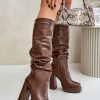 Brown Heel Boots in Over The Knee High Boots, Thigh High Boots with Fabric, Warmers, Footbed, Upper Height, Heel Height and Platform Height