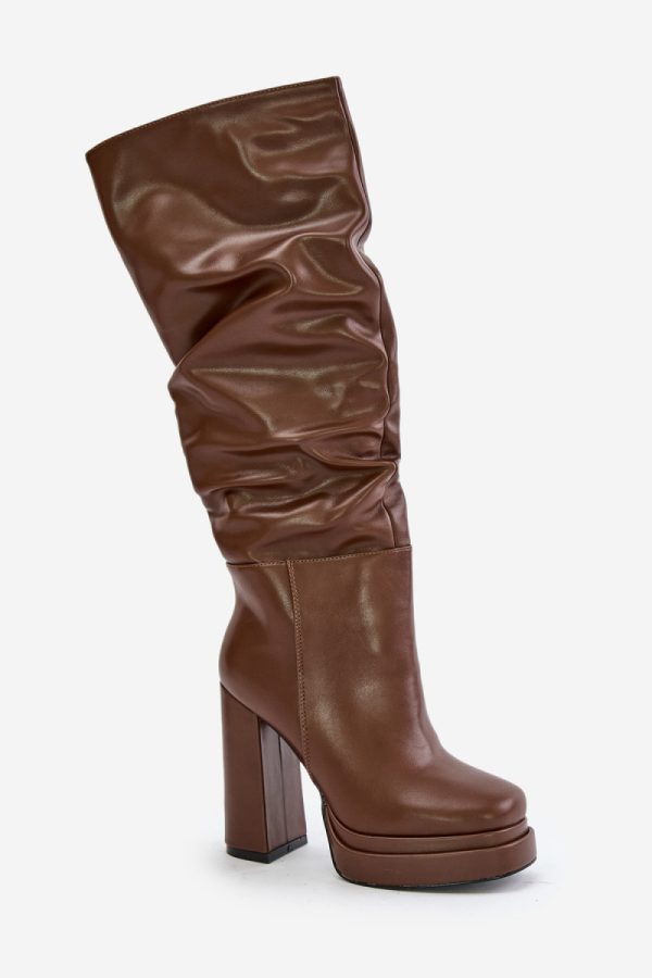 Brown Heel Boots in Over The Knee High Boots, Thigh High Boots with Fabric, Warmers, Footbed, Upper Height, Heel Height and Platform Height