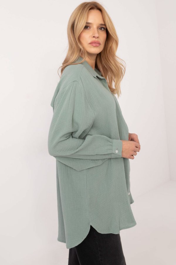 Green Long Sleeve Shirt in Shirts For Women with Cotton