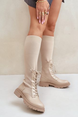 Beige Thigh-Hight Boots in Over The Knee High Boots, Thigh High Boots with Fabric, Warmers, Footbed, Upper Height and Heel Height