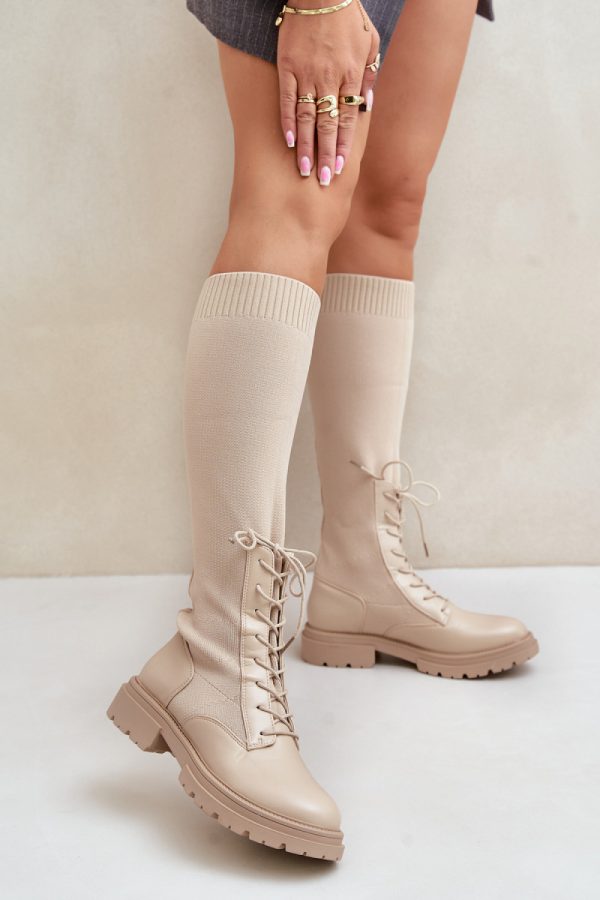 Beige Thigh-Hight Boots in Over The Knee High Boots, Thigh High Boots with Fabric, Warmers, Footbed, Upper Height and Heel Height