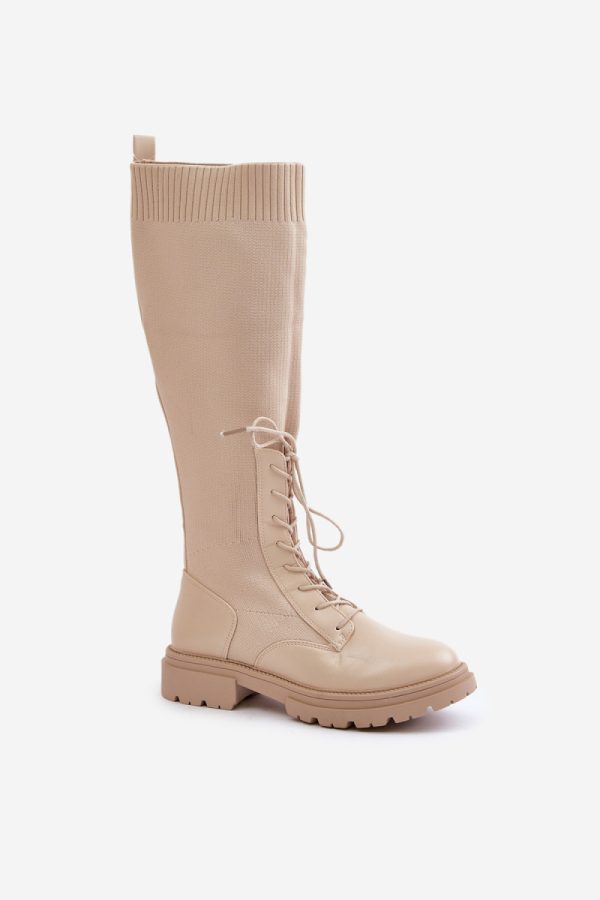 Beige Thigh-Hight Boots in Over The Knee High Boots, Thigh High Boots with Fabric, Warmers, Footbed, Upper Height and Heel Height