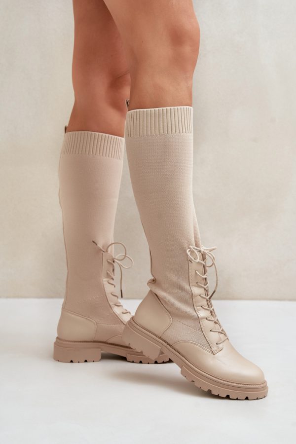 Beige Thigh-Hight Boots in Over The Knee High Boots, Thigh High Boots with Fabric, Warmers, Footbed, Upper Height and Heel Height