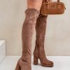 Beige Heel Boots in Over The Knee High Boots, Thigh High Boots with Fabric, Warmers, Footbed, Upper Height, Heel Height and Platform Height