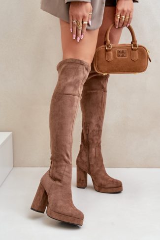 Beige Heel Boots in Over The Knee High Boots, Thigh High Boots with Fabric, Warmers, Footbed, Upper Height, Heel Height and Platform Height