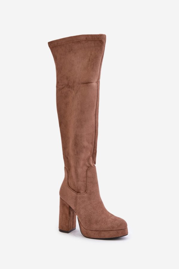 Beige Heel Boots in Over The Knee High Boots, Thigh High Boots with Fabric, Warmers, Footbed, Upper Height, Heel Height and Platform Height