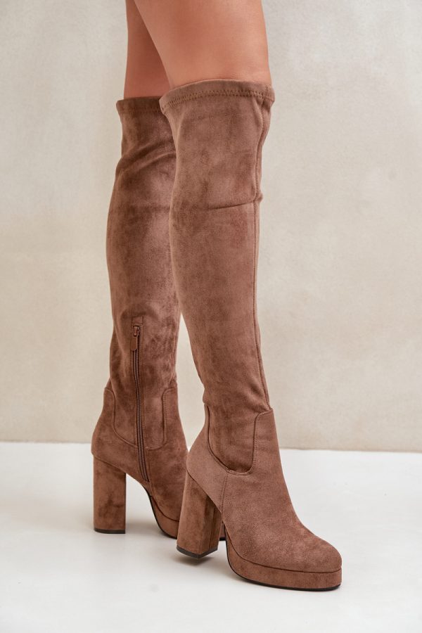 Beige Heel Boots in Over The Knee High Boots, Thigh High Boots with Fabric, Warmers, Footbed, Upper Height, Heel Height and Platform Height