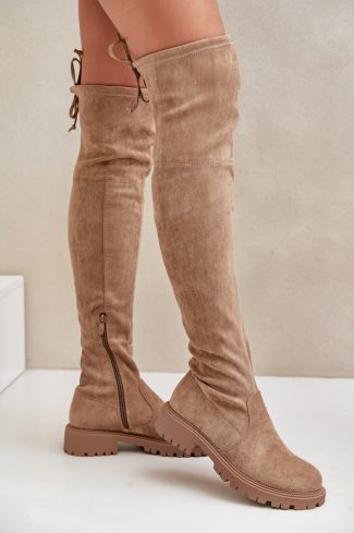 Beige Thigh-Hight Boots in Over The Knee High Boots, Thigh High Boots with Fabric, Warmers, Footbed, Upper Height and Heel Height