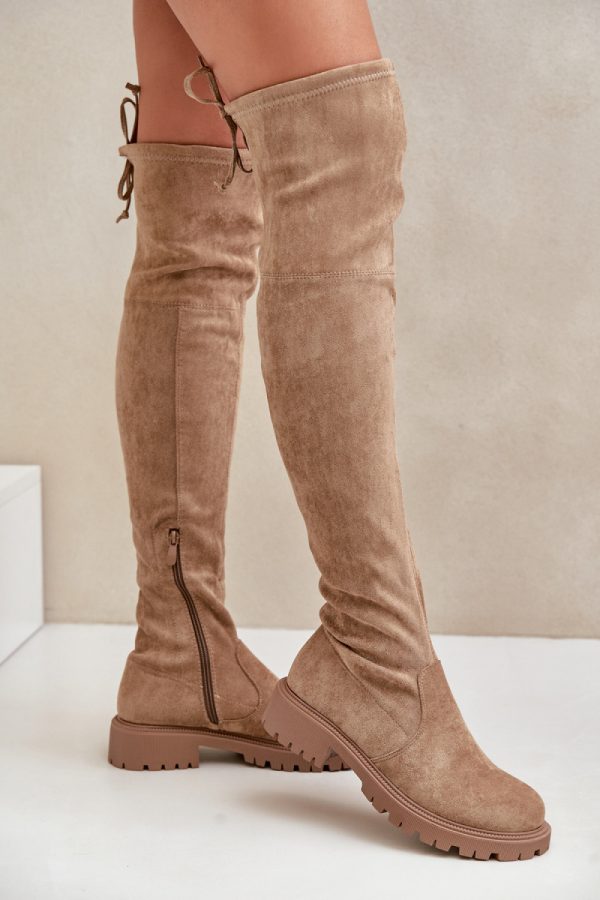 Beige Thigh-Hight Boots in Over The Knee High Boots, Thigh High Boots with Fabric, Warmers, Footbed, Upper Height and Heel Height