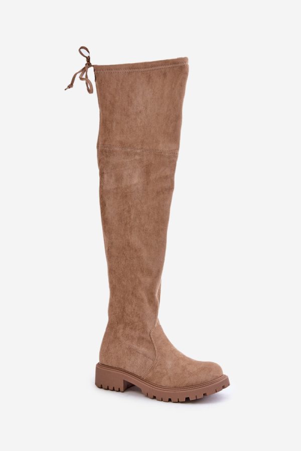 Beige Thigh-Hight Boots in Over The Knee High Boots, Thigh High Boots with Fabric, Warmers, Footbed, Upper Height and Heel Height
