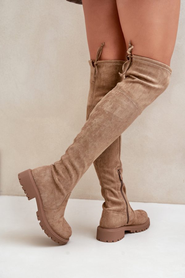 Beige Thigh-Hight Boots in Over The Knee High Boots, Thigh High Boots with Fabric, Warmers, Footbed, Upper Height and Heel Height