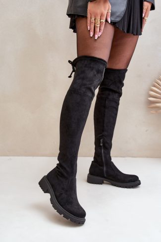 1049176.jpg Black Thigh-Hight Boots in Over The Knee High Boots, Thigh High Boots with Fabric, Warmers, Footbed, Upper Height and Heel Height