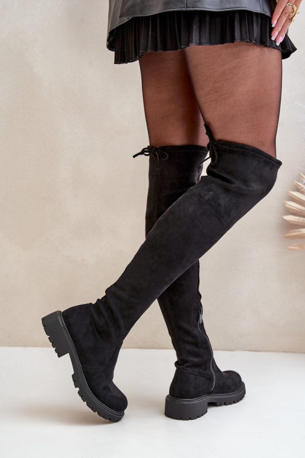 Black Thigh-Hight Boots in Over The Knee High Boots, Thigh High Boots with Fabric, Warmers, Footbed, Upper Height and Heel Height
