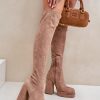 Beige Heel Boots in Over The Knee High Boots, Thigh High Boots with Fabric, Warmers, Footbed, Upper Height, Heel Height and Platform Height