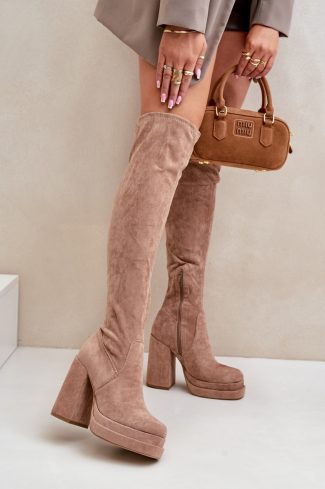 Beige Heel Boots in Over The Knee High Boots, Thigh High Boots with Fabric, Warmers, Footbed, Upper Height, Heel Height and Platform Height