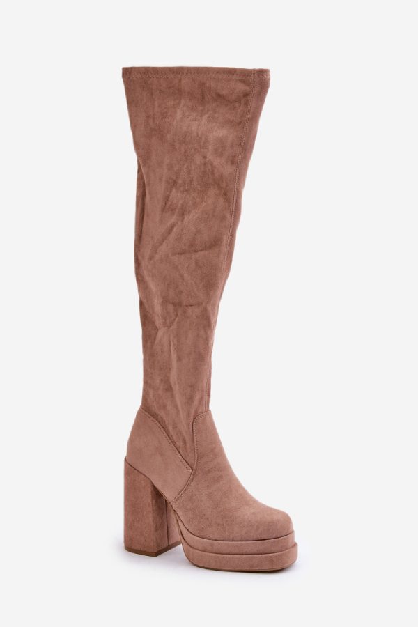 Beige Heel Boots in Over The Knee High Boots, Thigh High Boots with Fabric, Warmers, Footbed, Upper Height, Heel Height and Platform Height