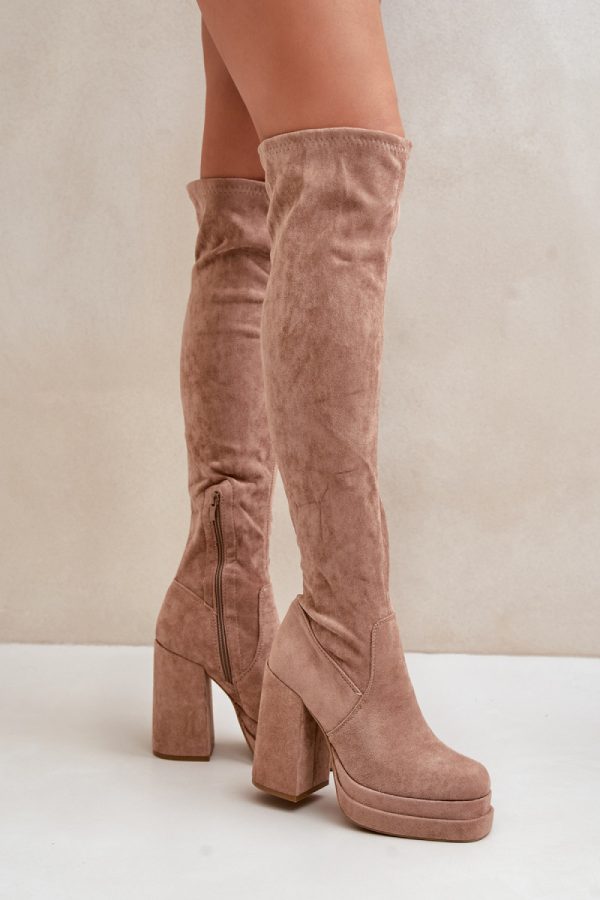 Beige Heel Boots in Over The Knee High Boots, Thigh High Boots with Fabric, Warmers, Footbed, Upper Height, Heel Height and Platform Height