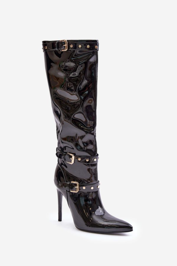 Black Heel Boots in Over The Knee High Boots, Thigh High Boots with Fabric, Warmers, Footbed, Upper Height and Heel Height