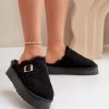 Black Slippers.Fabric, Warmers, Footbed and Platform Height