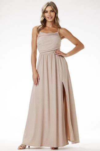 Beige Long Dress in Evening Dresses with Spandex and Polyester