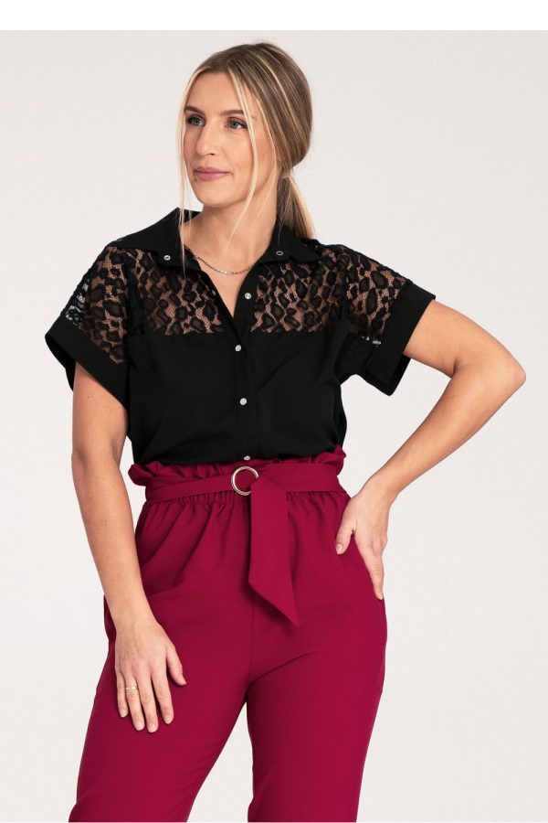 Black Short Sleeve Shirt in Shirts For Women with Spandex, Polyester and Viscose