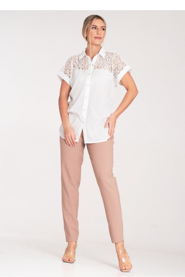 Beige Short Sleeve Shirt in Shirts For Women with Spandex, Polyester and Viscose