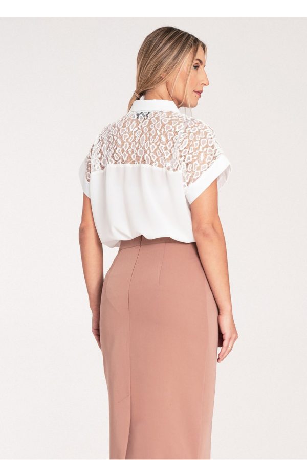Beige Short Sleeve Shirt in Shirts For Women with Spandex, Polyester and Viscose