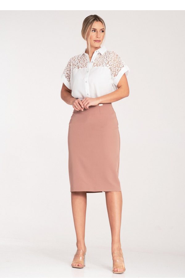 Beige Short Sleeve Shirt in Shirts For Women with Spandex, Polyester and Viscose