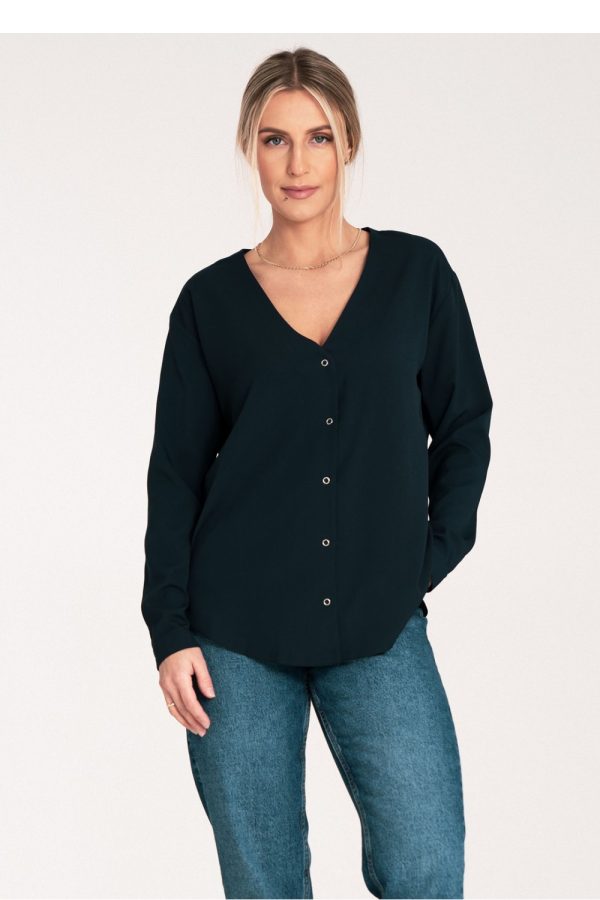 Navy Blue Long Sleeve Shirt in Shirts For Women with Spandex and Polyester