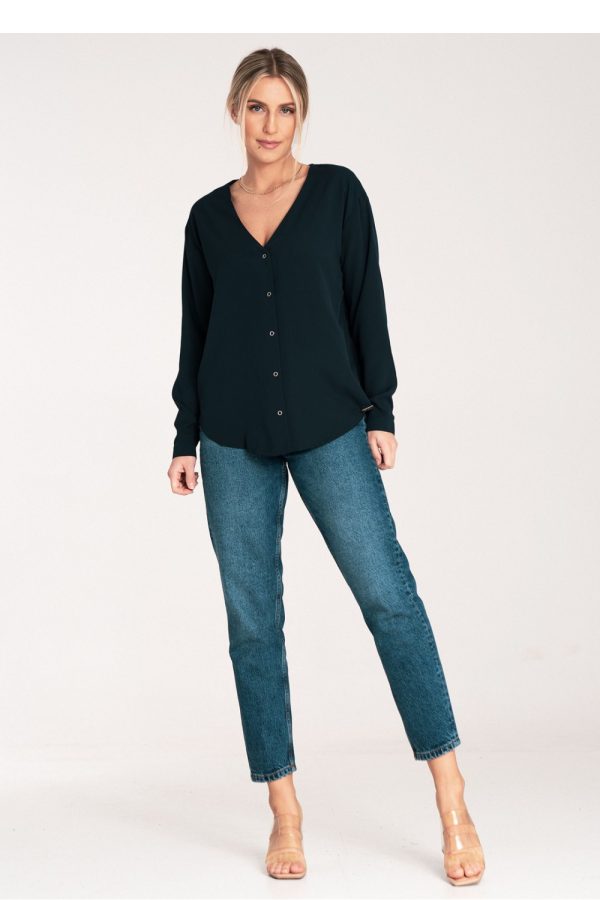 Navy Blue Long Sleeve Shirt in Shirts For Women with Spandex and Polyester