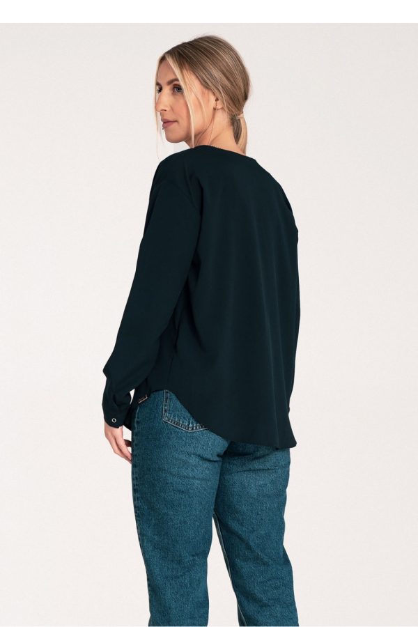 Navy Blue Long Sleeve Shirt in Shirts For Women with Spandex and Polyester