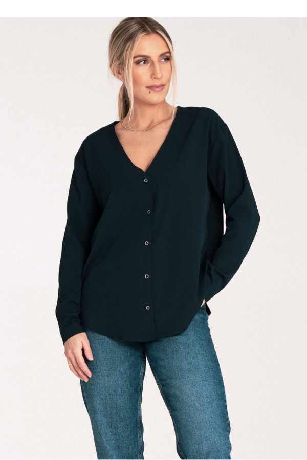 Navy Blue Long Sleeve Shirt in Shirts For Women with Spandex and Polyester