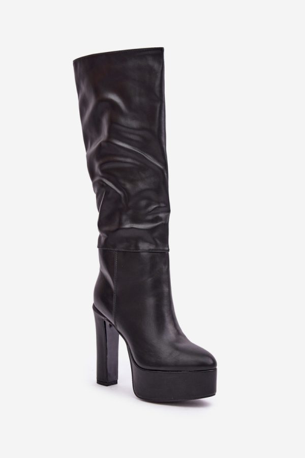 Black Heel Boots in Over The Knee High Boots, Thigh High Boots with Fabric, Warmers, Footbed, Upper Height, Heel Height and Platform Height