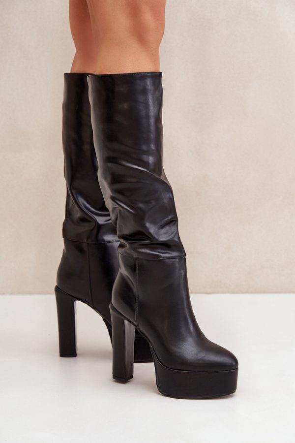 Black Heel Boots in Over The Knee High Boots, Thigh High Boots with Fabric, Warmers, Footbed, Upper Height, Heel Height and Platform Height