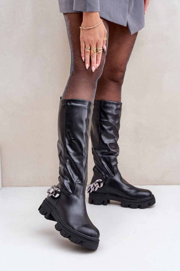 Black Thigh-Hight Boots in Over The Knee High Boots, Thigh High Boots with Fabric, Warmers, Footbed, Upper Height, Heel Height and Platform Height
