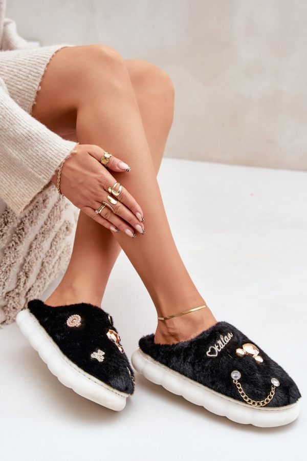 Black Slippers in Slippers For Women with Fabric, Warmers, Footbed and Sole Height