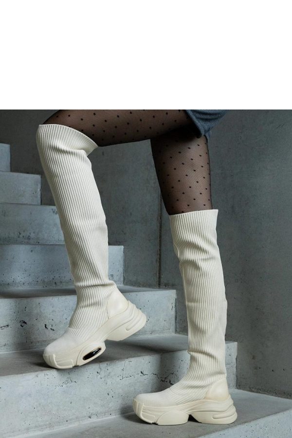 Beige Thigh-Hight Boots.Fabric and Heel Height