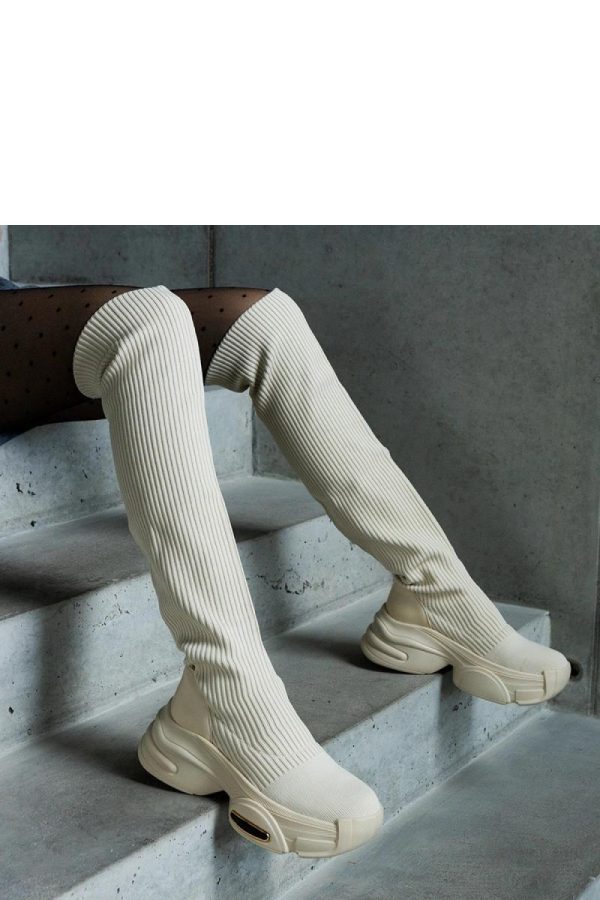 Beige Thigh-Hight Boots.Fabric and Heel Height